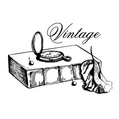 Vintage pen drawing book with old pocket watch. Hand drawn engraving style illustrations.