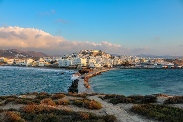Naxos City seen from the Portara of Naxos on a stormy evening, Greece
