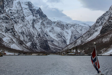 Panoramic view of Gudvangen during a boat trip in Winter, Nærøyfjord, Norway
