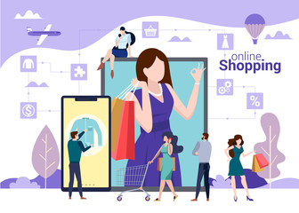Obraz premium Online shopping vector concept with people choosing, buying and carrying bags with purchases. Online store, digital marketing, travel and lifestyle illustration