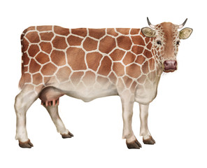 vache laitière, en peau de girafe, imaginaire,  animal, ferme, bétail, blanc, taureau, isolé, brun, mammifère, , agriculture, lait,  nature, gazon, mollet, bétail, animal, illustration, champ, boeuf, 