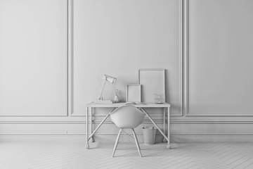 White color work place designer interior 3d illustration