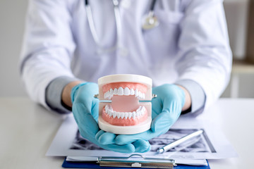 Male doctor or dentist working with patient tooth x-ray film, model and equipment used in the...