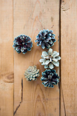 Pine cones on the wood ground