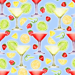 Hand drawn watercolor daiquiri and margarita pattern on blue