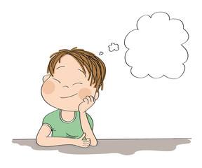 Small cute boy daydreaming, imagining something. Original hand drawn illustration with copy space for your text.