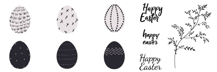 Easter Greeting Card, Happy Easter black and white Design Element. Eggs and herbs branches.