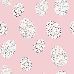 Easter seamless pattern for wrapping paper, illustration with colored eggs on pink background.