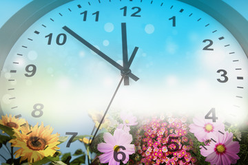 Clock and spring flowers