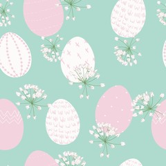 Easter seamless pattern for wrapping paper, illustration with colored eggs and spring flowers on mint background.