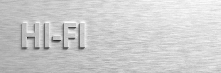 Empty sound amplifier front panel with aluminum letters hi fi. 3d illustration