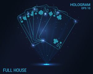 Full house hologram. Digital and technological background of the casino. Futuristic playing card design.