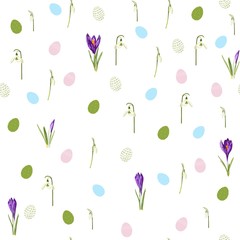 Easter seamless pattern for wrapping paper, illustration with colored eggs and spring crocus, snowdrop flowers on white background.