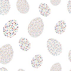 Easter seamless pattern for wrapping paper, illustration with colored eggs on white background.