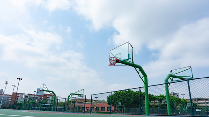basketball hoop with blue sky and clouds