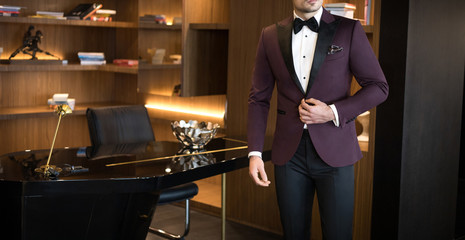 Man model in expensive custom tailored tuxedo, suit standing in his office and posing