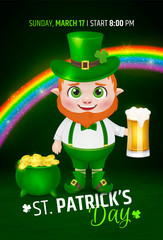 Funny fat leprechaun with beer in his hand. Happy St. Patrick's Day invitation card. Spring holidays. Vector Illustration EPS10