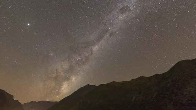 Andes mountains nightscape - The Milky Way galactic core, Jupiter, Saturn and Mars rising over Andes valleys while the moon light sets. An amazing night sky scenic on a natural environment