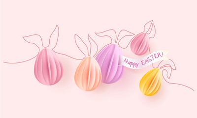 Happy Easter card paper eggs with rabbit ears