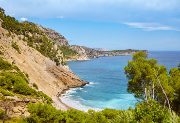 Fototapeta na wymiar Scenic mountainous landscape with Coll Baix beach on Mallorca, Spain.