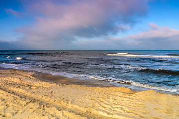 Hel Peninsula (Poland) in wintertime. Sundy beach at dusk. 