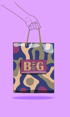 vector sketch illustration - female hand holding a bag. Big sale.