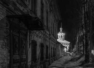 Beautiful old russian church. Night winter picture