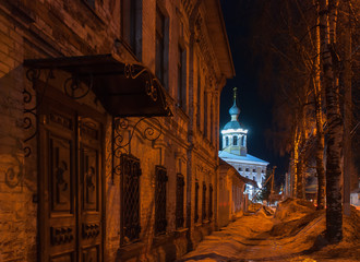 Beautiful old russian church. Night winter picture