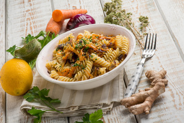 fusilli with onion carrot parsley and lemon grated peel