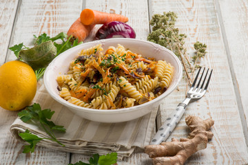 fusilli with onion carrot parsley and lemon grated peel