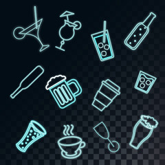 A set of neon bright glowing icons for a bar of cocktails, beer, glasses, coffee, tea, mugs, bottles of whiskey on a translucent dark in a squared black background from squares. Vector illustration