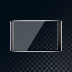 A beautiful modern black mobile smart realistic tablet with a transparent touchscreen screen on a translucent, dark, checkered black background from squares. Vector illustration