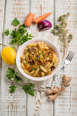 fusilli with onion carrot parsley and lemon grated peel