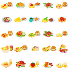 Fast food icons set. Isometric set of 25 fast food vector icons for web isolated on white background
