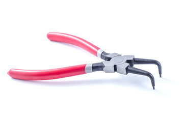 Circlip pliers with red handles on white background