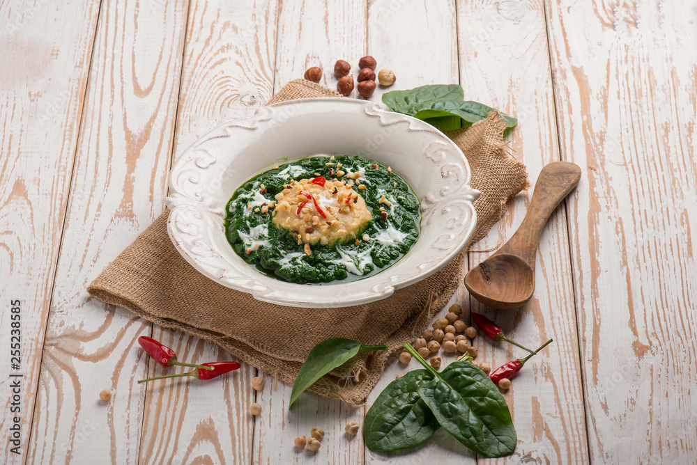 Canvas Prints spinach and chickpeas soup with hazelnuts