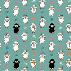 Seamless vector funny sheep background pattern with flower. Sheep with different accessories