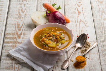 fennel soup with carrot green peas and fennel seeds