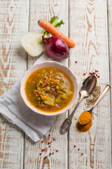 fennel soup with carrot green peas and fennel seeds
