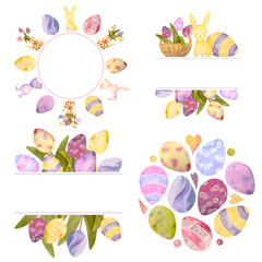 Watercolor drawn set with elements of happy easter. Frame, rabbit, eggs, isolated on white. for greeting card or logo
