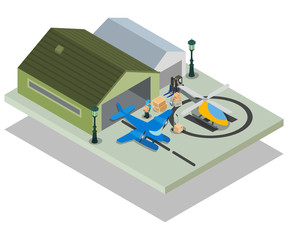 Private airport concept banner. Isometric banner of Private airport vector concept for web, giftcard and postcard