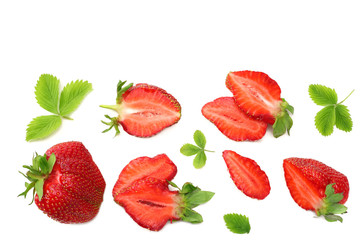 Strawberry with green leaf and slices isolated on white background. Healthy food. top view