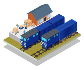 Mail train concept banner. Isometric banner of mail train vector concept for web, giftcard and postcard
