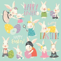 Cute rabbit and bunny with Easter eggs