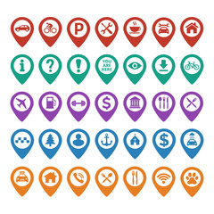 Map pin location icons set on white background.