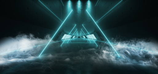 Smoke Triangle Shaped Neon Glowing Alien Metal Structure Studio Empty Space Dance Cyberpunk Retro Sci Fi Futuristic Concrete Reflections Blue Vibrant 3D Rendering
