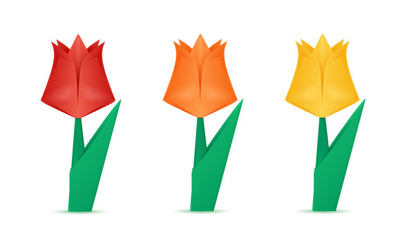 three nice paper origami tulip flowers red, orange and yellow, isolated on a white background