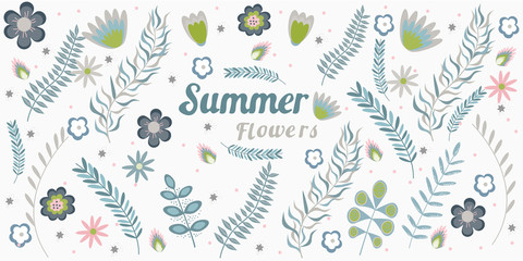 Obraz premium Summer floral banner pattern wiht frame copy space Flowers and branches in pastel colors. Vector illustration.