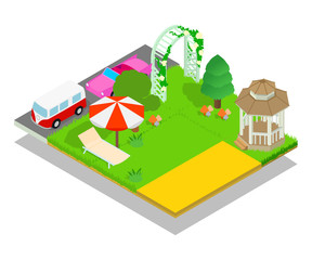 Beautiful location concept banner. Isometric banner of beautiful location vector concept for web, giftcard and postcard