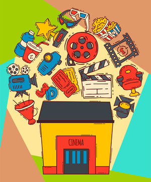 Cinema festival poster flyer media production background vector. Ticket banner. Movie time and entertainment concept. Camera cinematography advertising flat illustration.